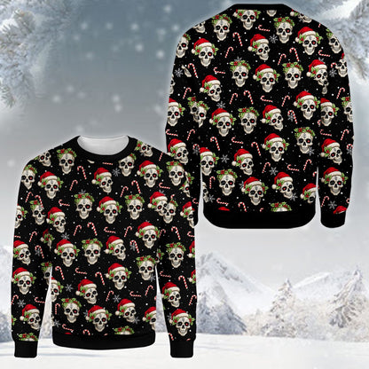 Third lifestyle view of the holiday skull sweater
