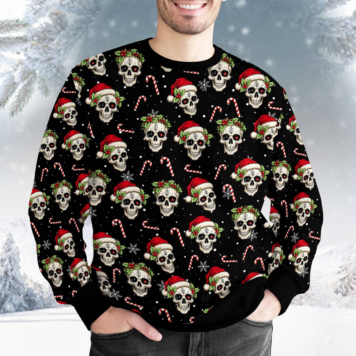 Detailed view of the skull and candy cane pattern on the sweater