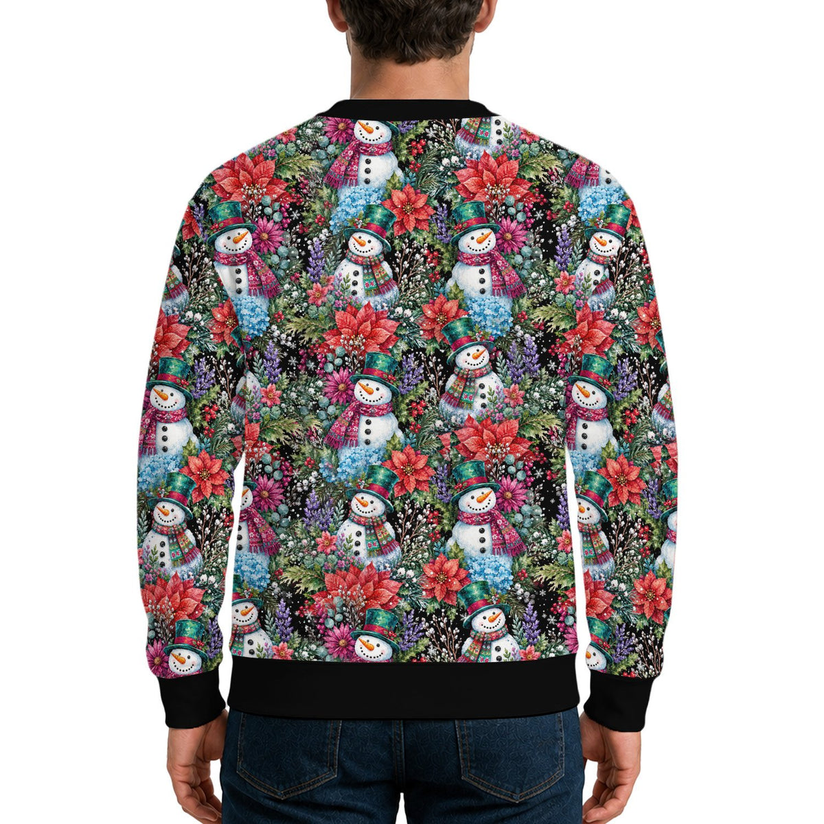 Back view of the snowman ugly christmas sweater showing the repeating holiday pattern