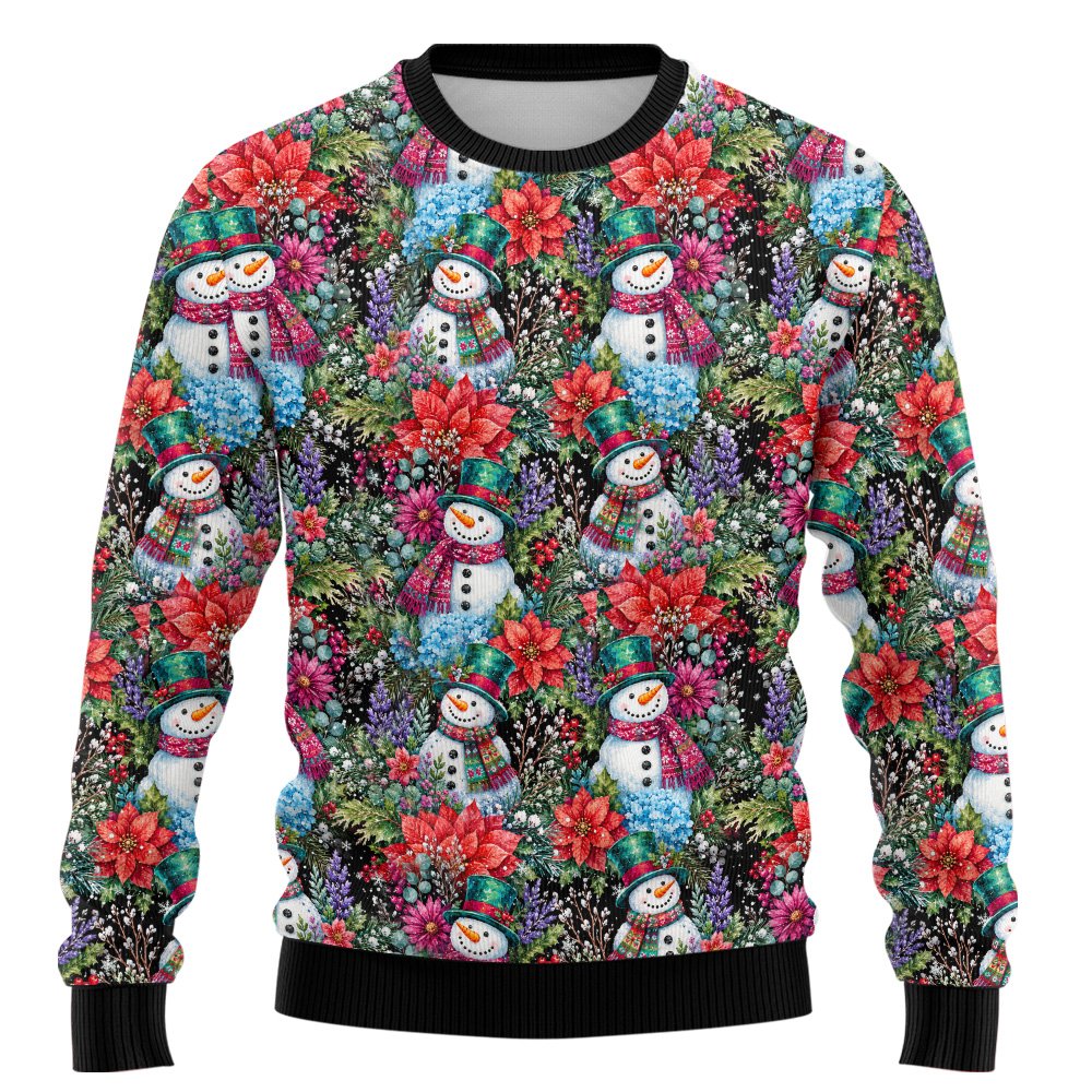 Detailed front view of the snowman ugly sweater with poinsettias on a black background