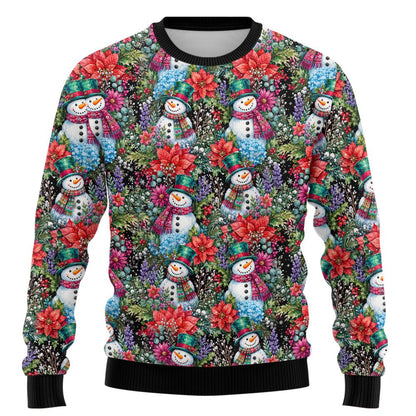 Detailed front view of the snowman ugly sweater with poinsettias on a black background