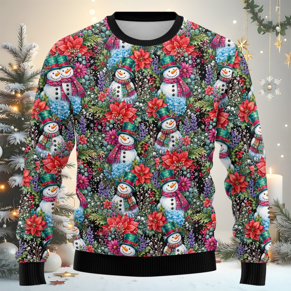 Third lifestyle view showcasing the festive snowman and poinsettia pattern