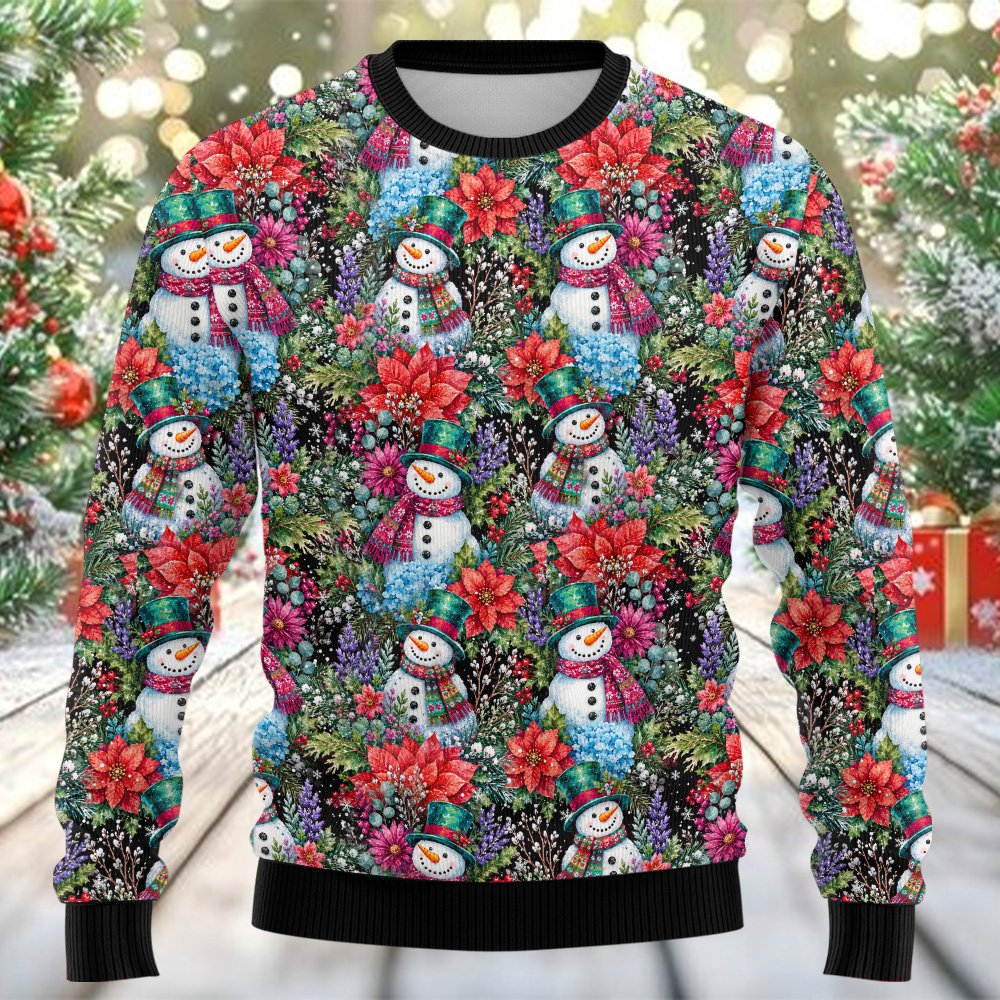 Fourth lifestyle view of the ugly sweater snowman design being worn