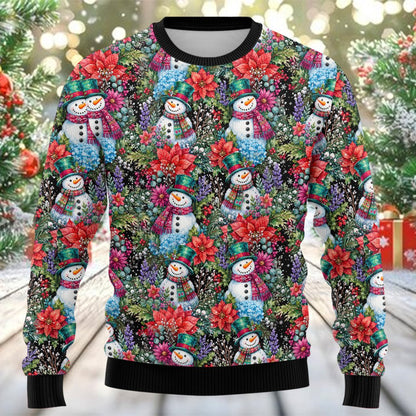 Fourth lifestyle view of the ugly sweater snowman design being worn