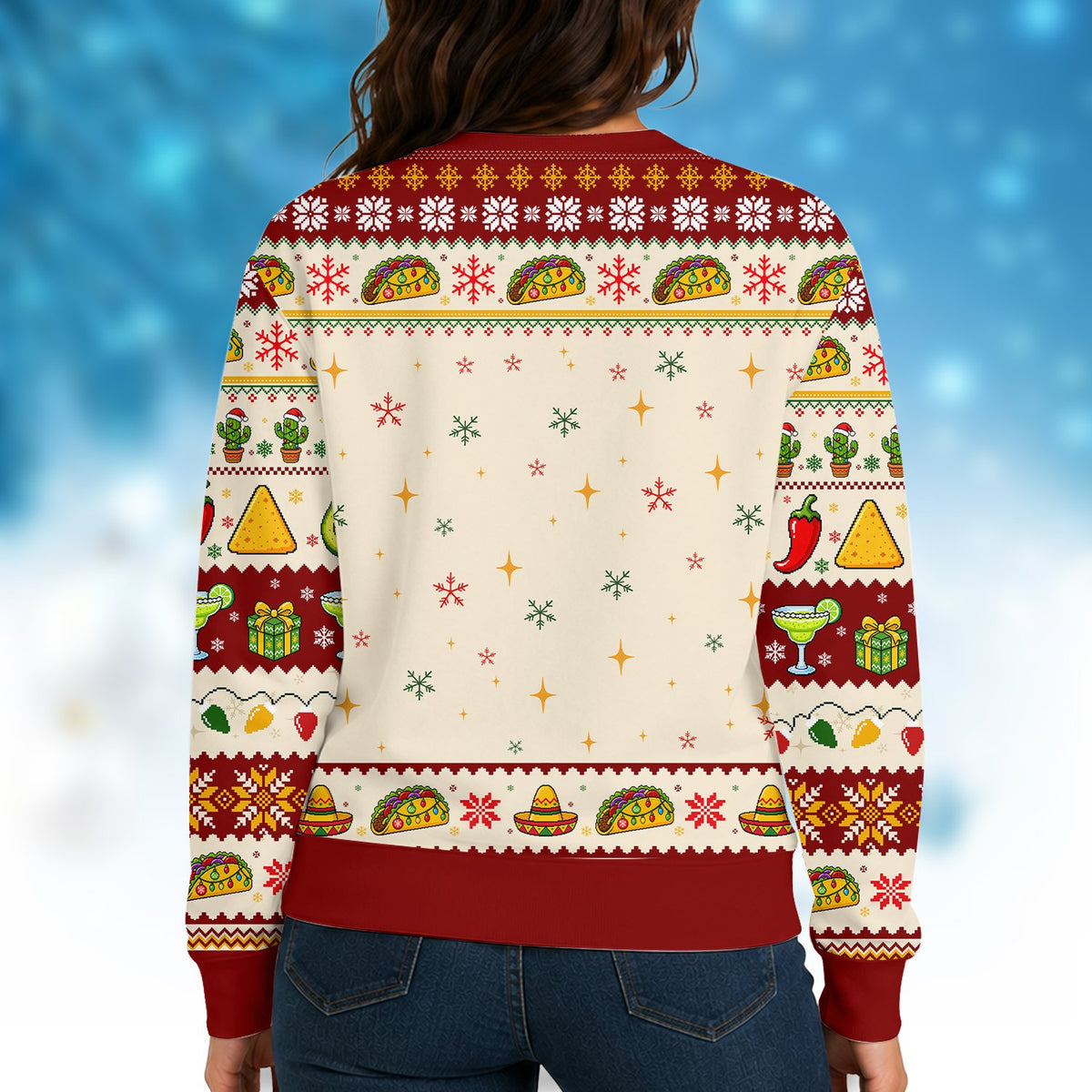 Red taco ugly christmas sweater with Oh Taco Tree design, alternate back view