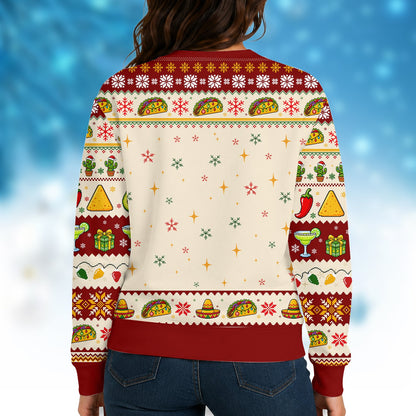 Red taco ugly christmas sweater with Oh Taco Tree design, alternate back view