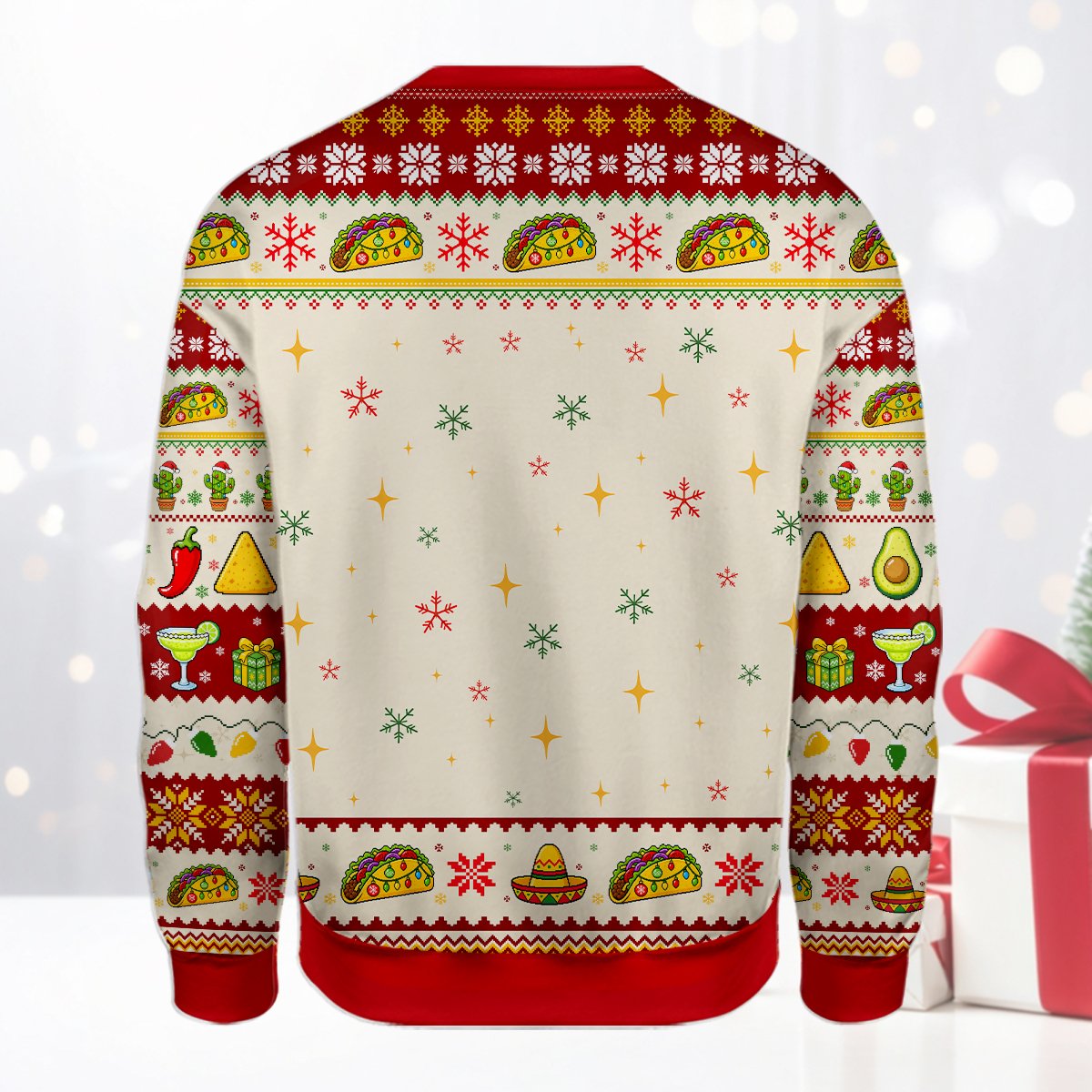 Red taco ugly christmas sweater with Oh Taco Tree design, detailed back view