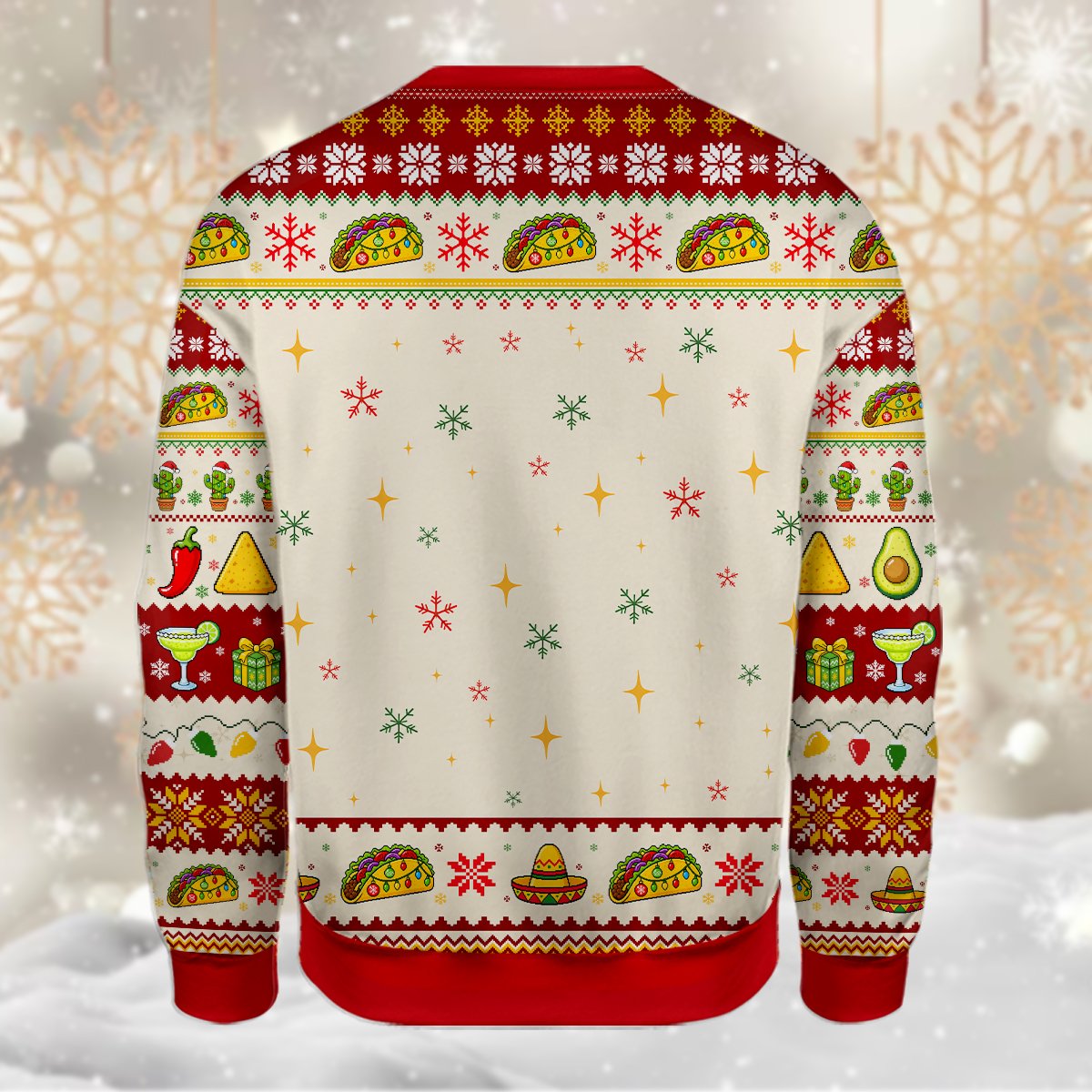 Red taco ugly christmas sweater with Oh Taco Tree design, back view