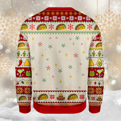Red taco ugly christmas sweater with Oh Taco Tree design, back view