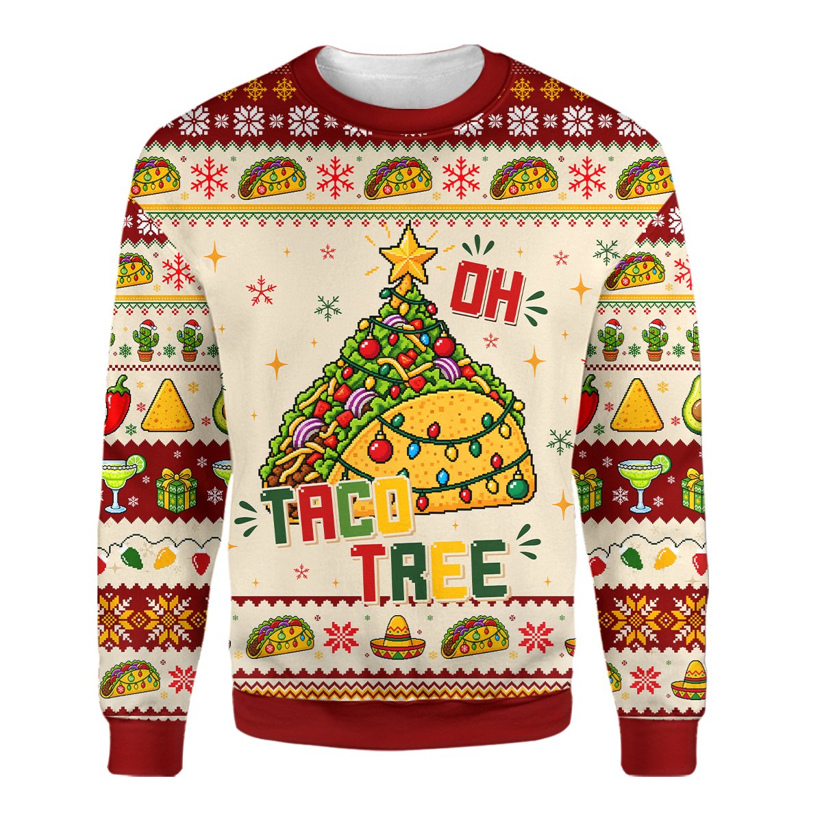 Red taco ugly christmas sweater with Oh Taco Tree design, front view