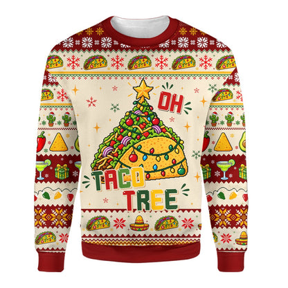 Red taco ugly christmas sweater with Oh Taco Tree design, front view
