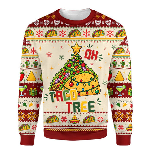 Red taco ugly christmas sweater with Oh Taco Tree design, front view
