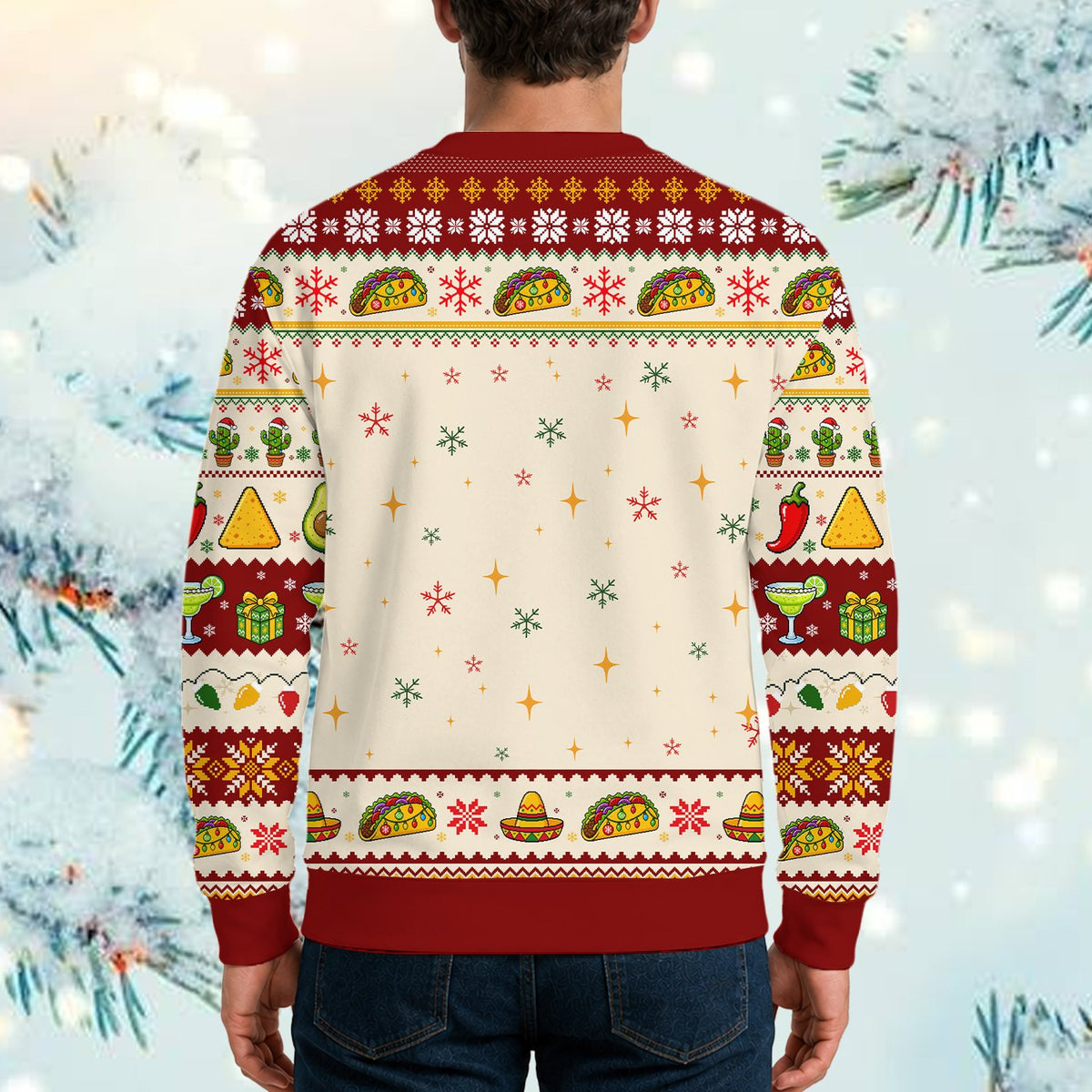 Person wearing the red taco ugly christmas sweater in an alternate lifestyle setting