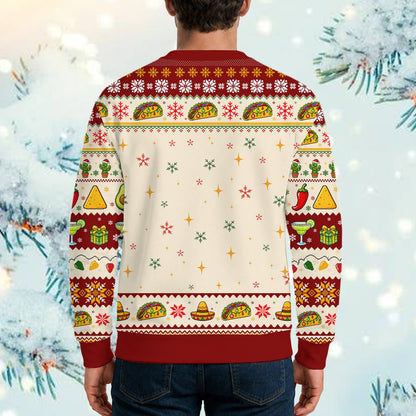Person wearing the red taco ugly christmas sweater in an alternate lifestyle setting