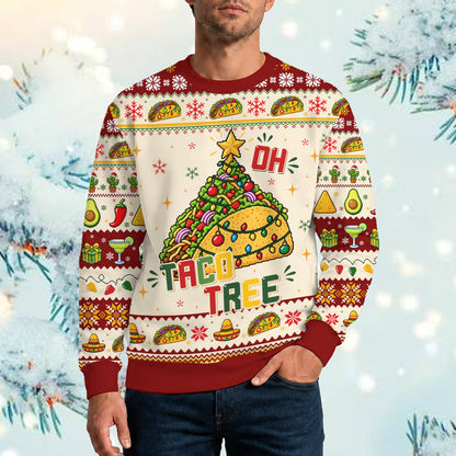 Person wearing the red taco ugly christmas sweater in a lifestyle setting