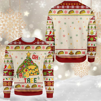 Close-up detail of the Oh Taco Tree design on the holiday sweater