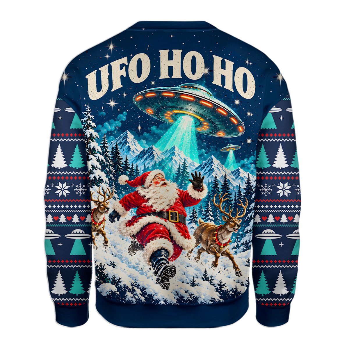 Back view of the multicolor christmas ufo ugly sweater