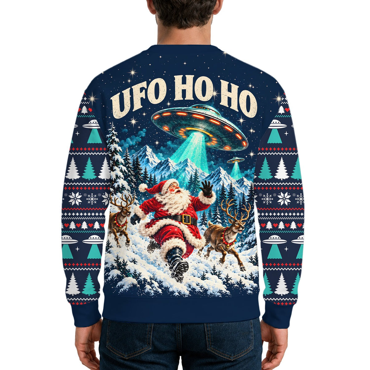 Back view of the navy christmas ufo ugly sweater