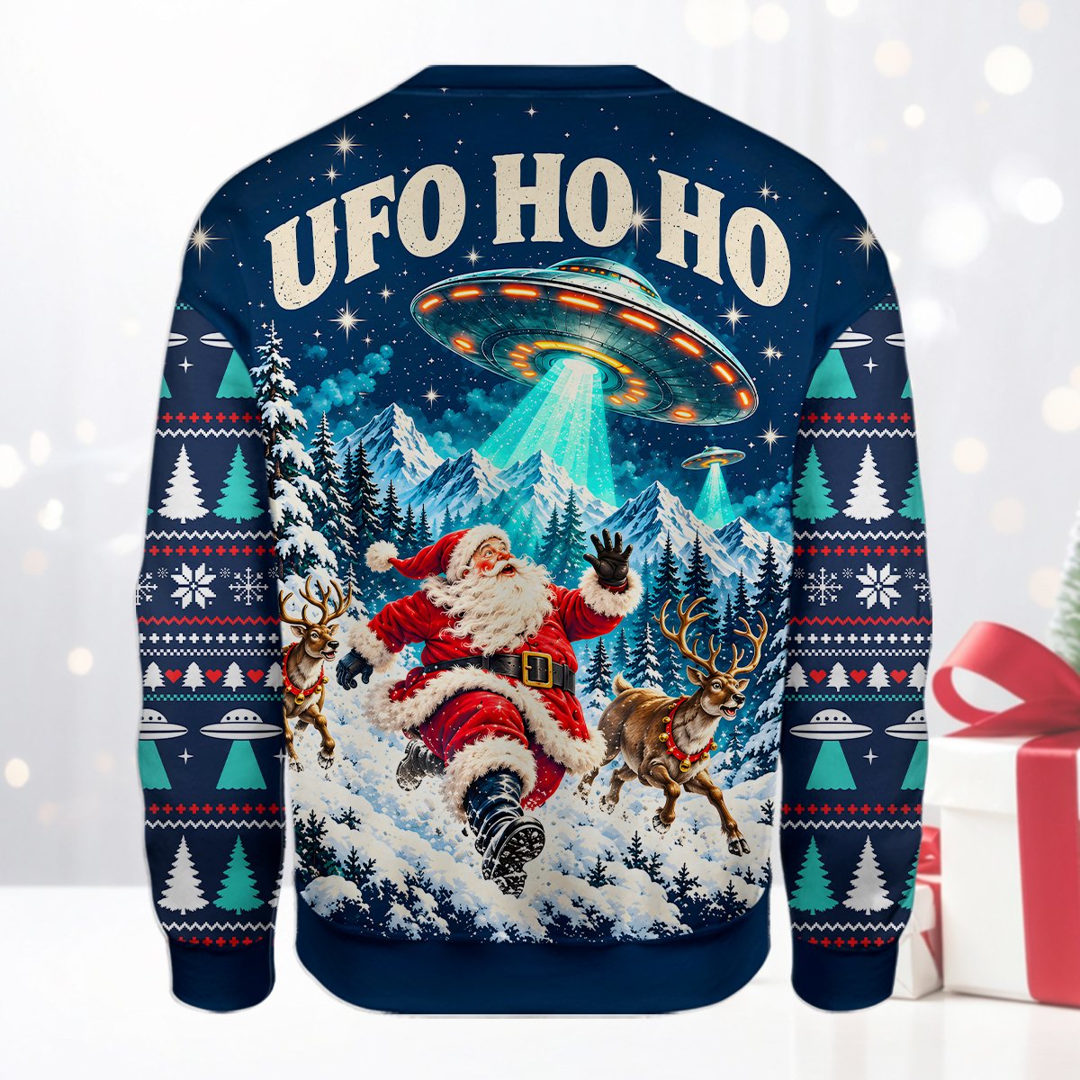 Close up front view of the ufo ugly sweater design