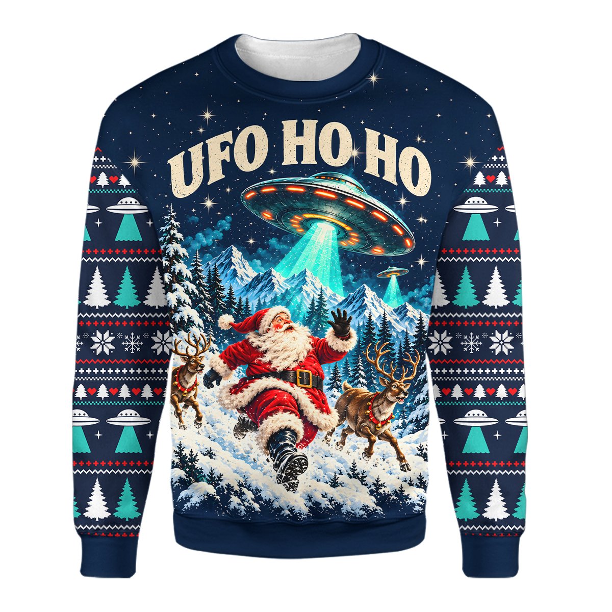 Another front view of the holiday ugly sweater showing fair isle patterns