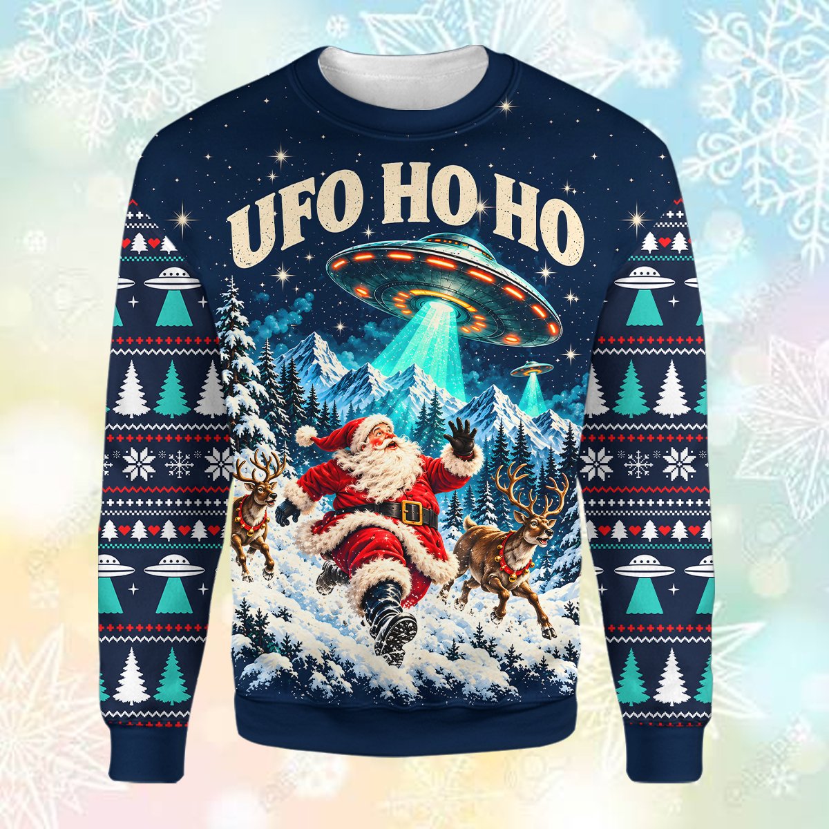 Detail view of the UFO HO HO text on the front of the sweater