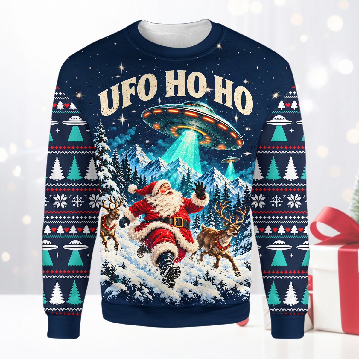 Close up showing the glowing UFO beaming down on the sweater front