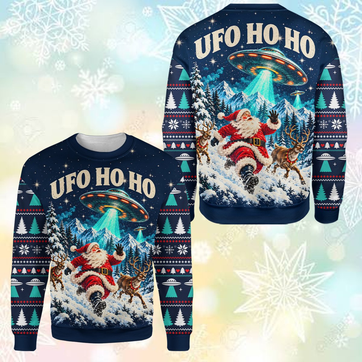 Detailed front view showing the festive trees and stars pattern