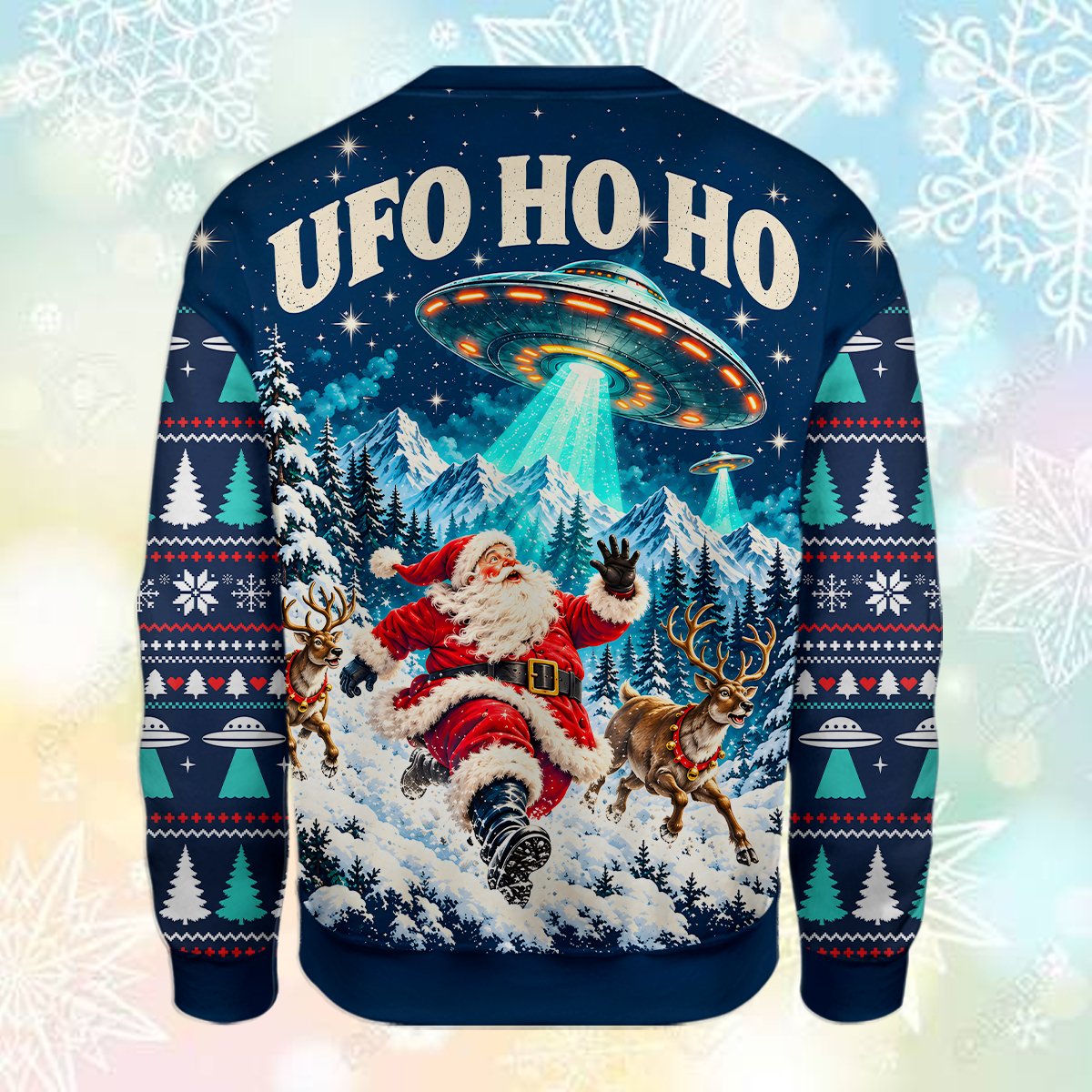 Main view of the christmas ufo ugly sweater featuring an alien abduction scene