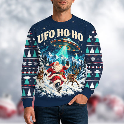 Lifestyle image of an adult wearing the christmas ufo ugly sweater
