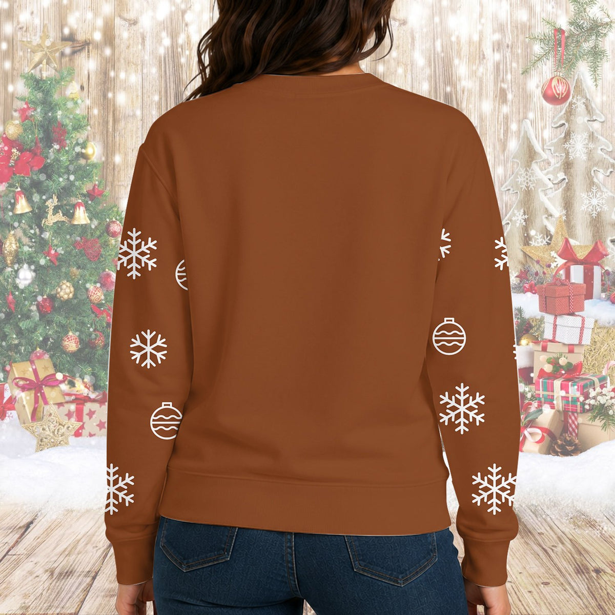 Second back view of the holiday ugly sweater highlighting the snowy pattern