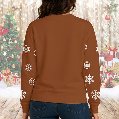 Second back view of the holiday ugly sweater highlighting the snowy pattern