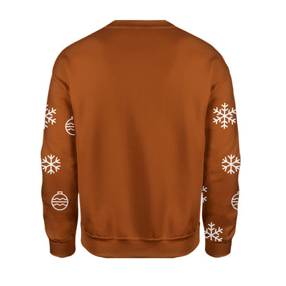 Third back view showing the full brown cardigan design of the ugly sweater