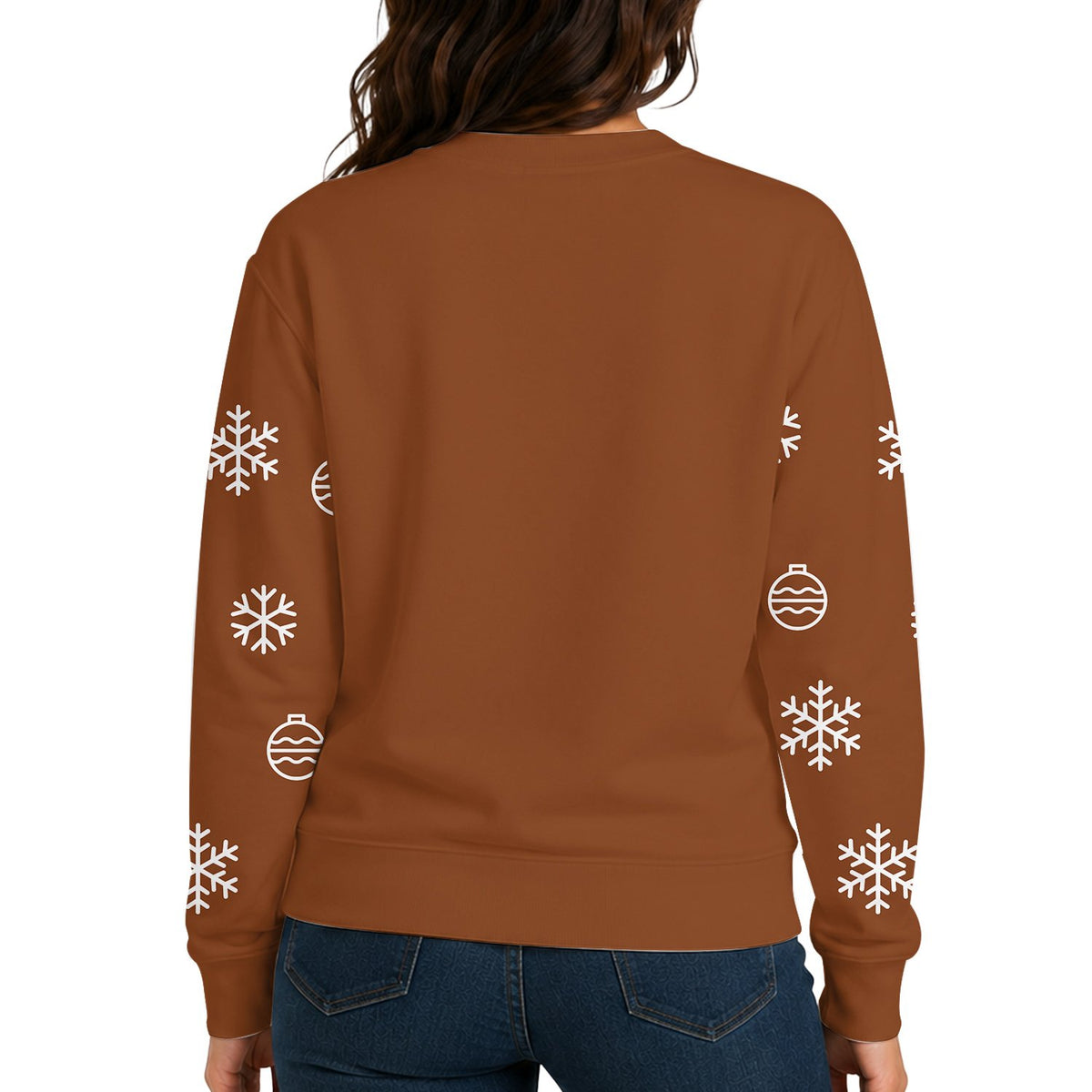 Back view of the brown christmas ugly sweater with festive pattern