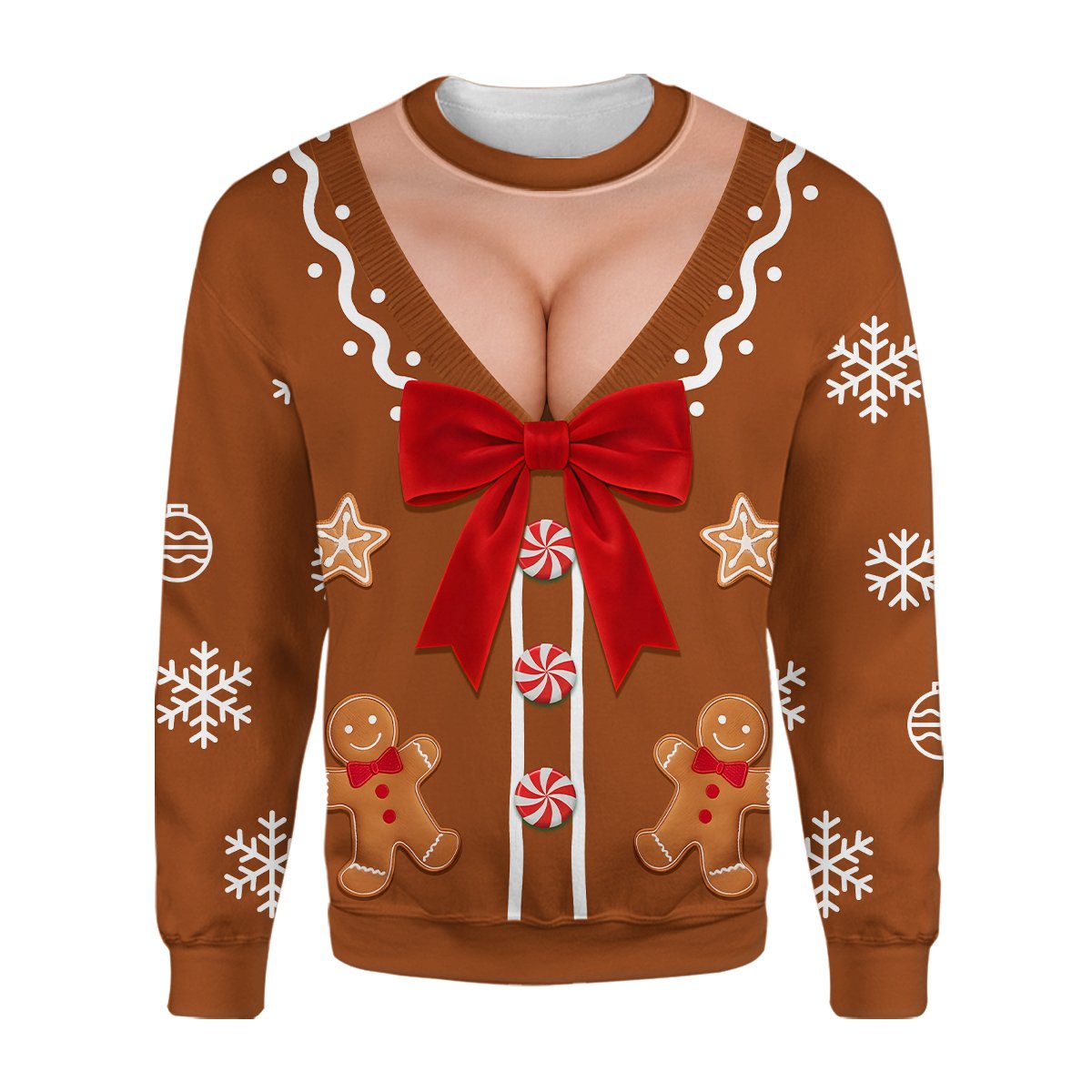 Front view of the brown holiday ugly sweater featuring peppermint buttons and snowflakes