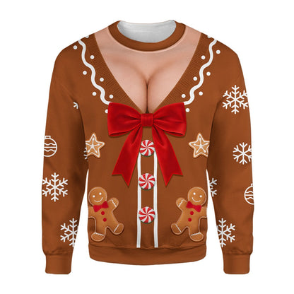 Front view of the brown holiday ugly sweater featuring peppermint buttons and snowflakes