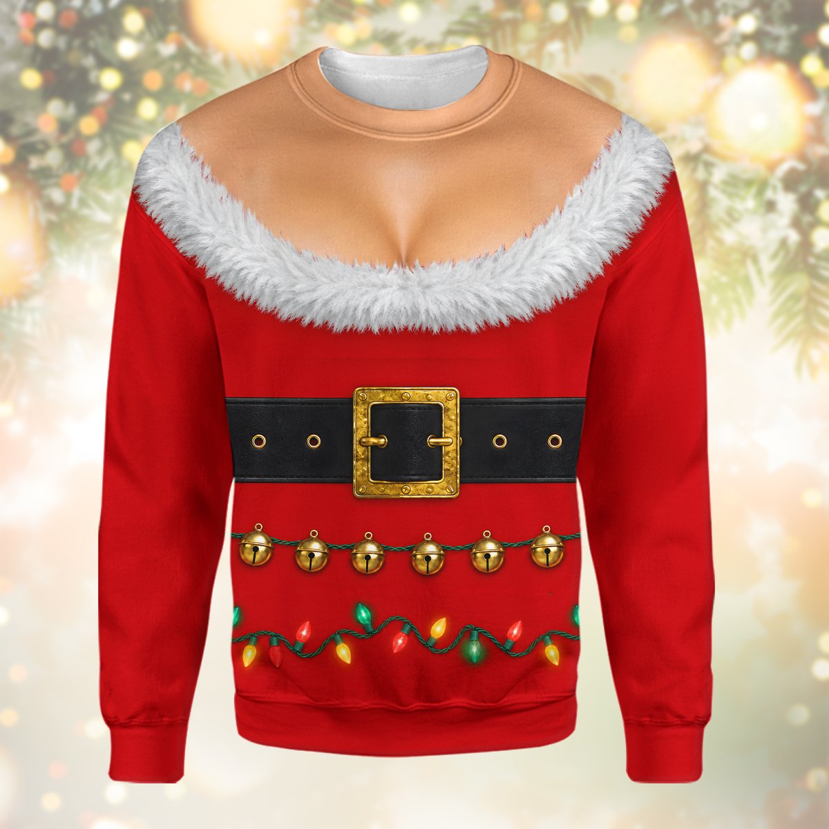 Red fake trees ugly sweater featuring a printed Santa dress illusion, main view