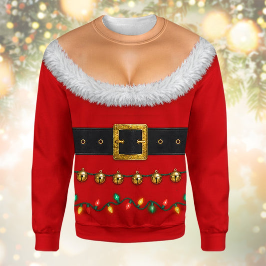 Red fake trees ugly sweater featuring a printed Santa dress illusion, main view