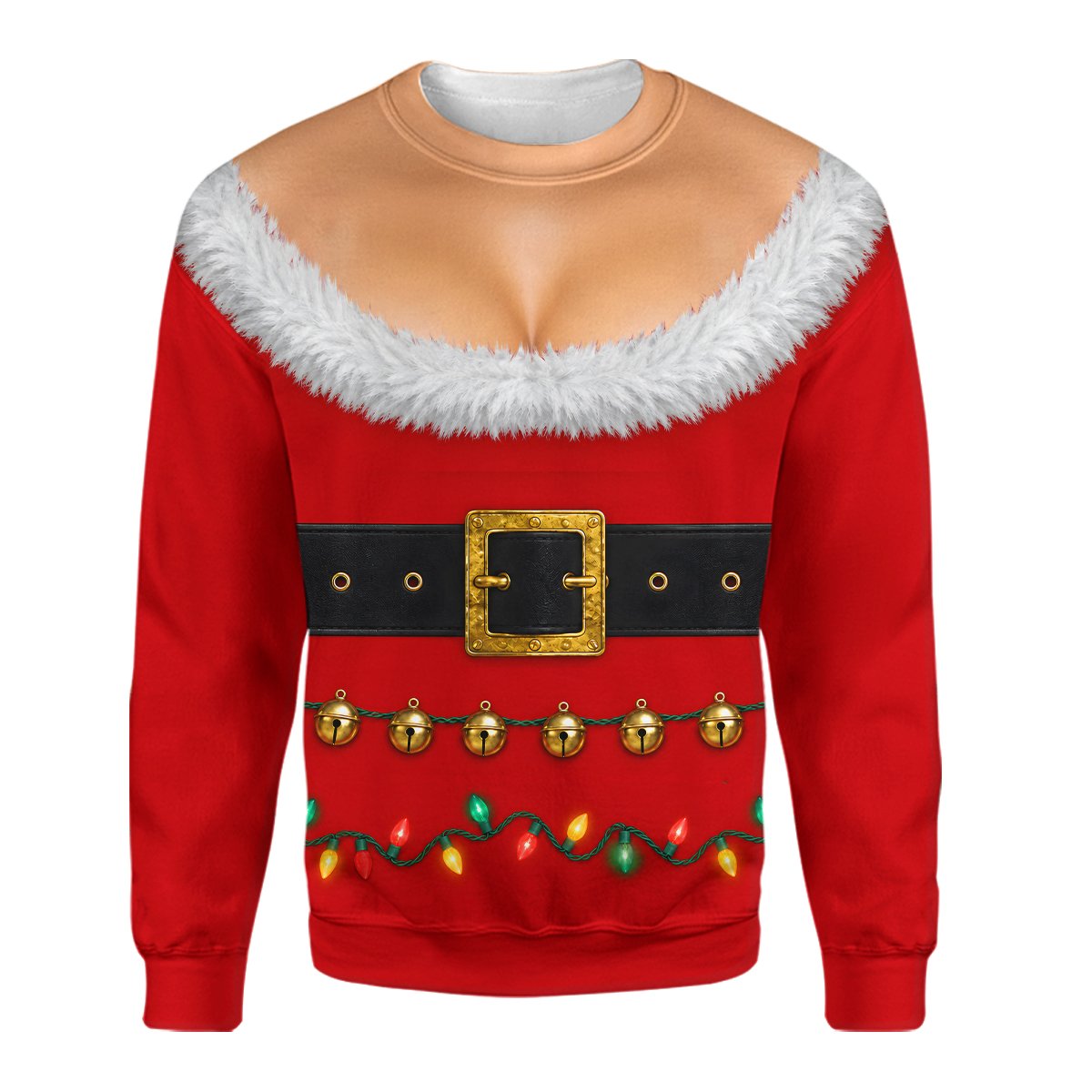 Person modeling the red christmas ugly sweater in a festive setting