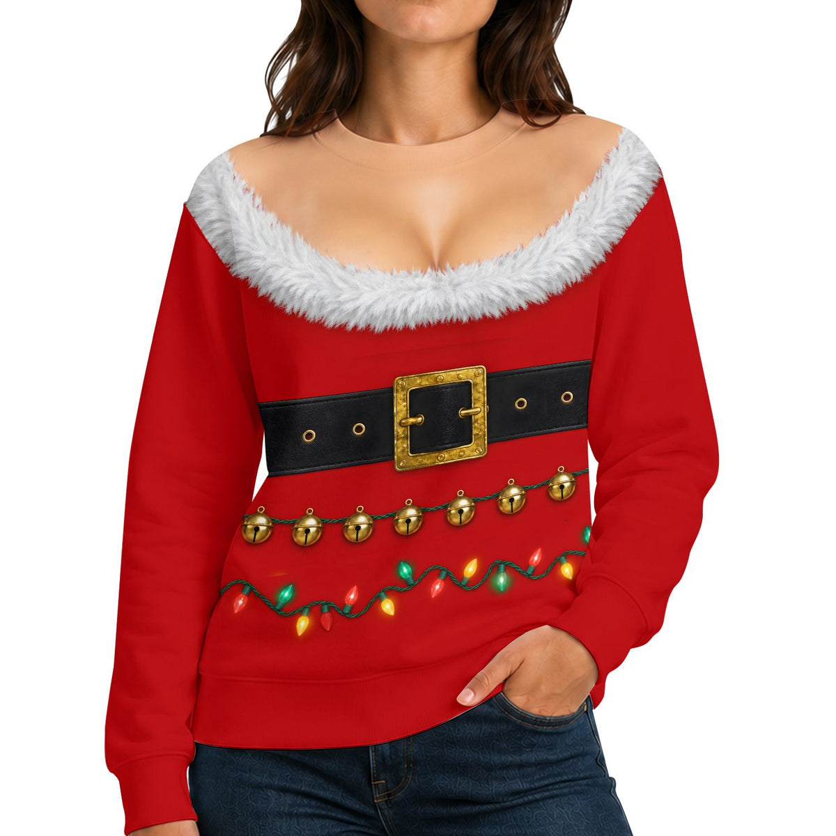 Lifestyle view of a person wearing the fake Santa dress ugly sweater