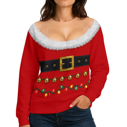 Lifestyle view of a person wearing the fake Santa dress ugly sweater