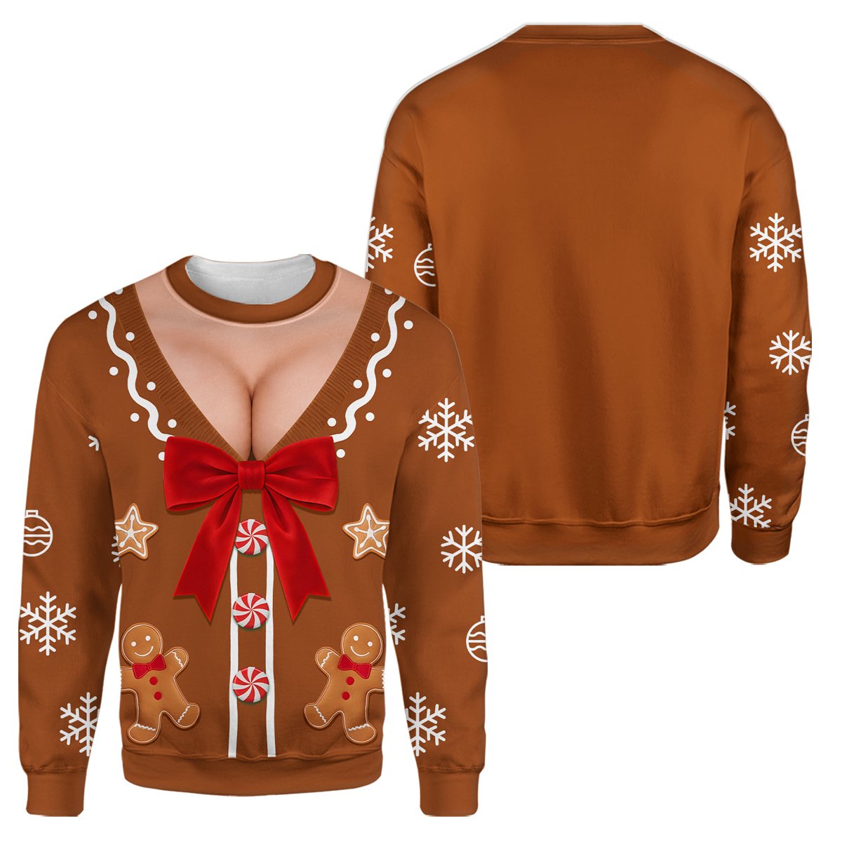 Detailed front view showing printed cleavage and red bow on the ugly sweater