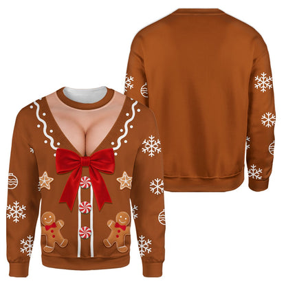 Detailed front view showing printed cleavage and red bow on the ugly sweater