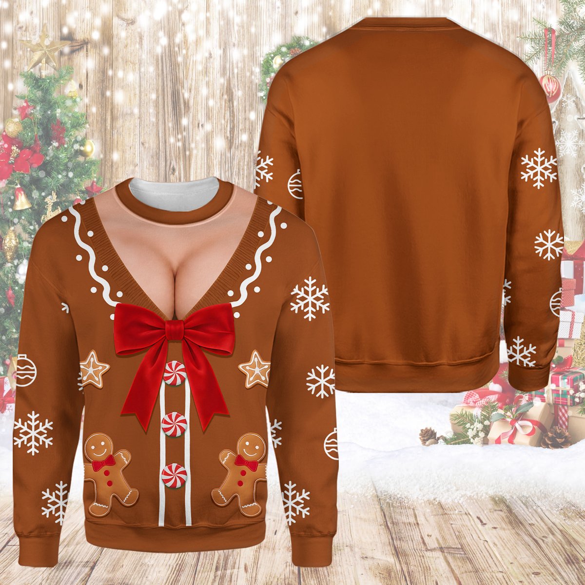 Close-up front view of the gingerbread men and icing details on the brown sweater