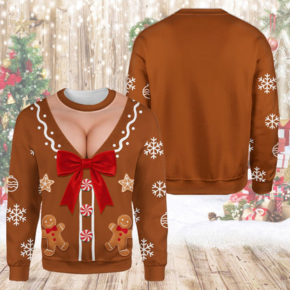 Close-up front view of the gingerbread men and icing details on the brown sweater
