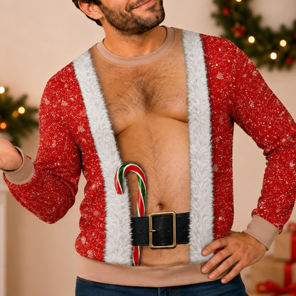 Close-up front view of the printed hairy chest and candy cane design