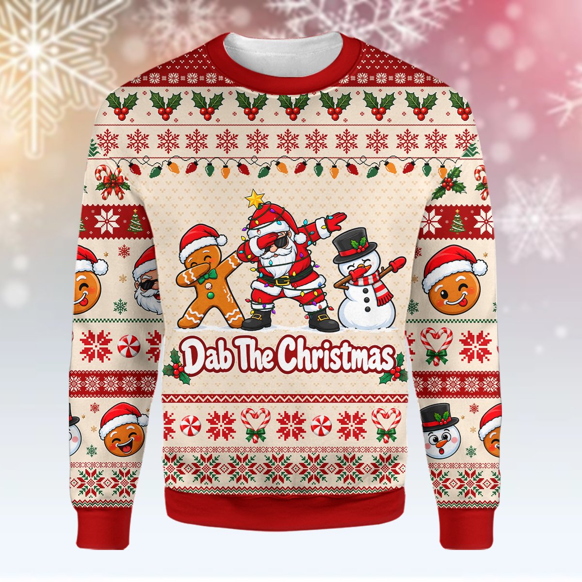 Close-up front view of the dabbing holiday characters on the ugly sweater