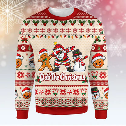 Close-up front view of the dabbing holiday characters on the ugly sweater