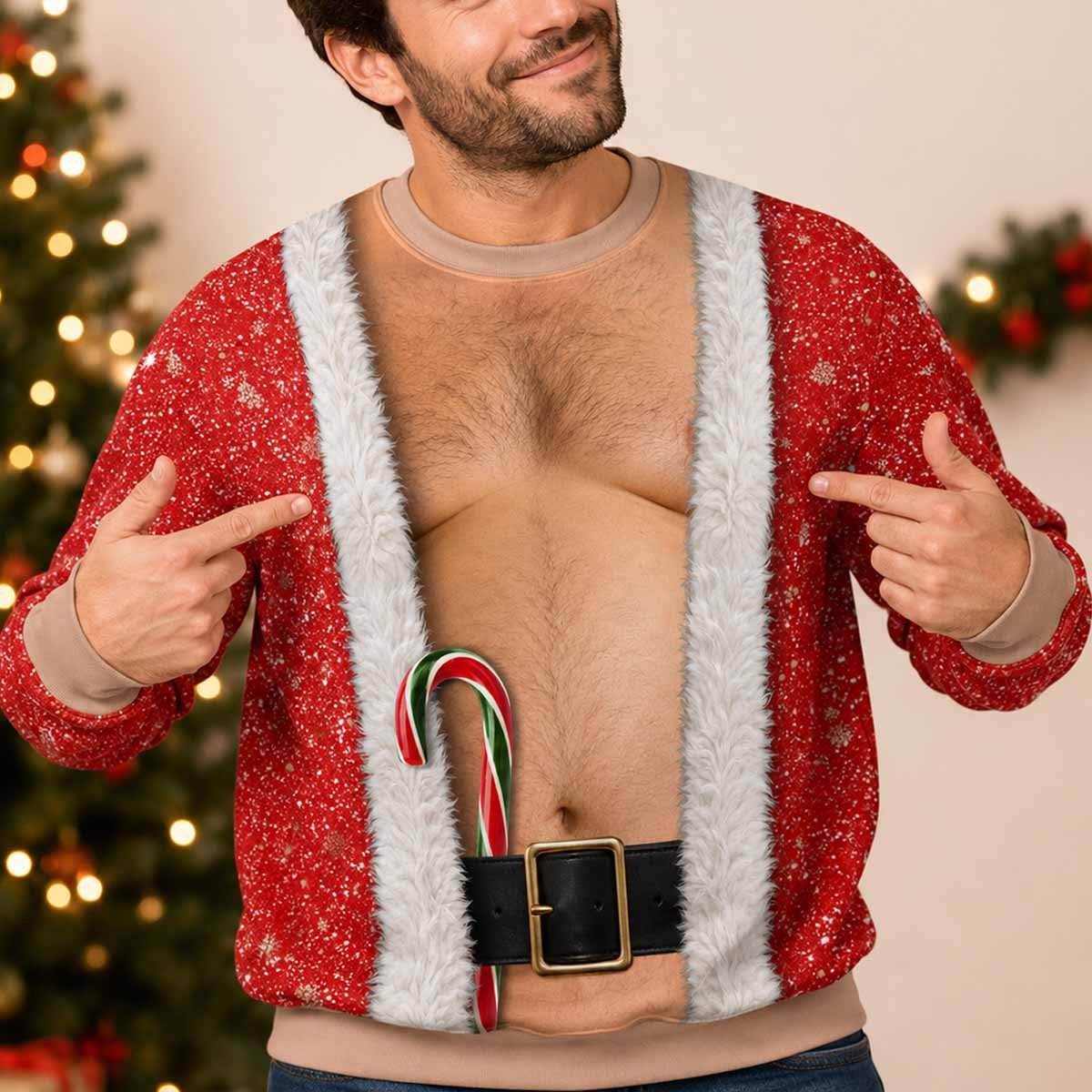 Another front view of the red faux Santa jacket sweater