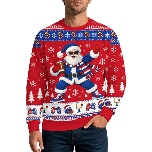 Red christmas ugly sweater with cool Santa and football design front view