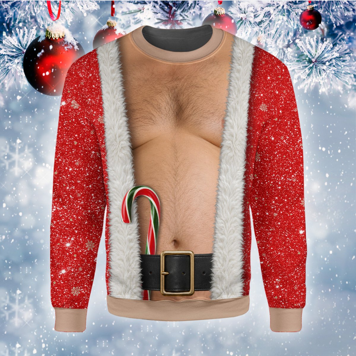 Front view of the hairy Santa chest holiday ugly christmas sweater